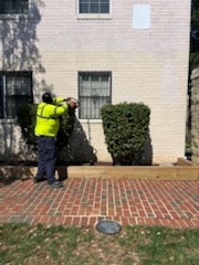 Crew member cleaning exterior windows